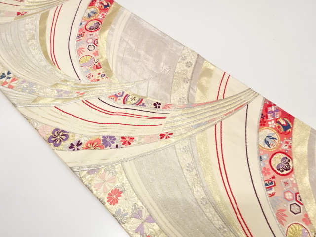 扇に草花・宝尽くし模様織り出し　袋帯